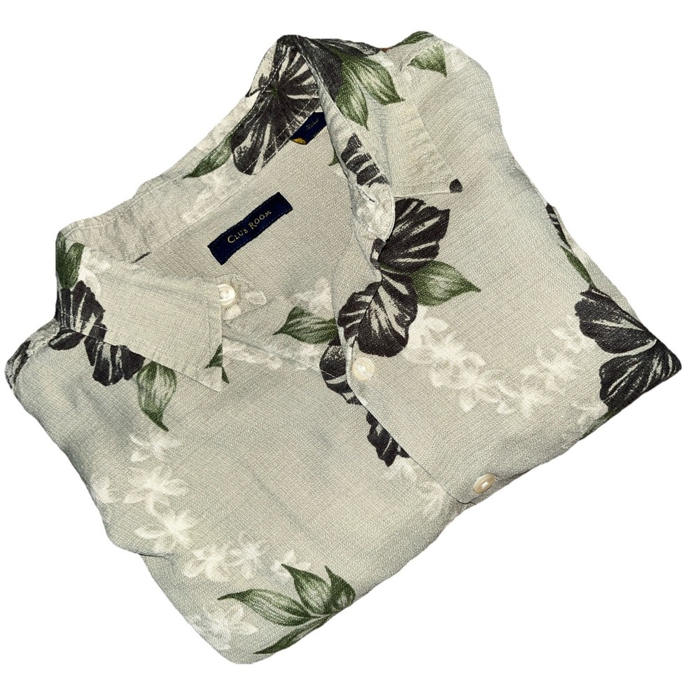 Club‎ Room Men's Hawaiian Shirt L 100% Silk Green Floral Resort Beach Camp